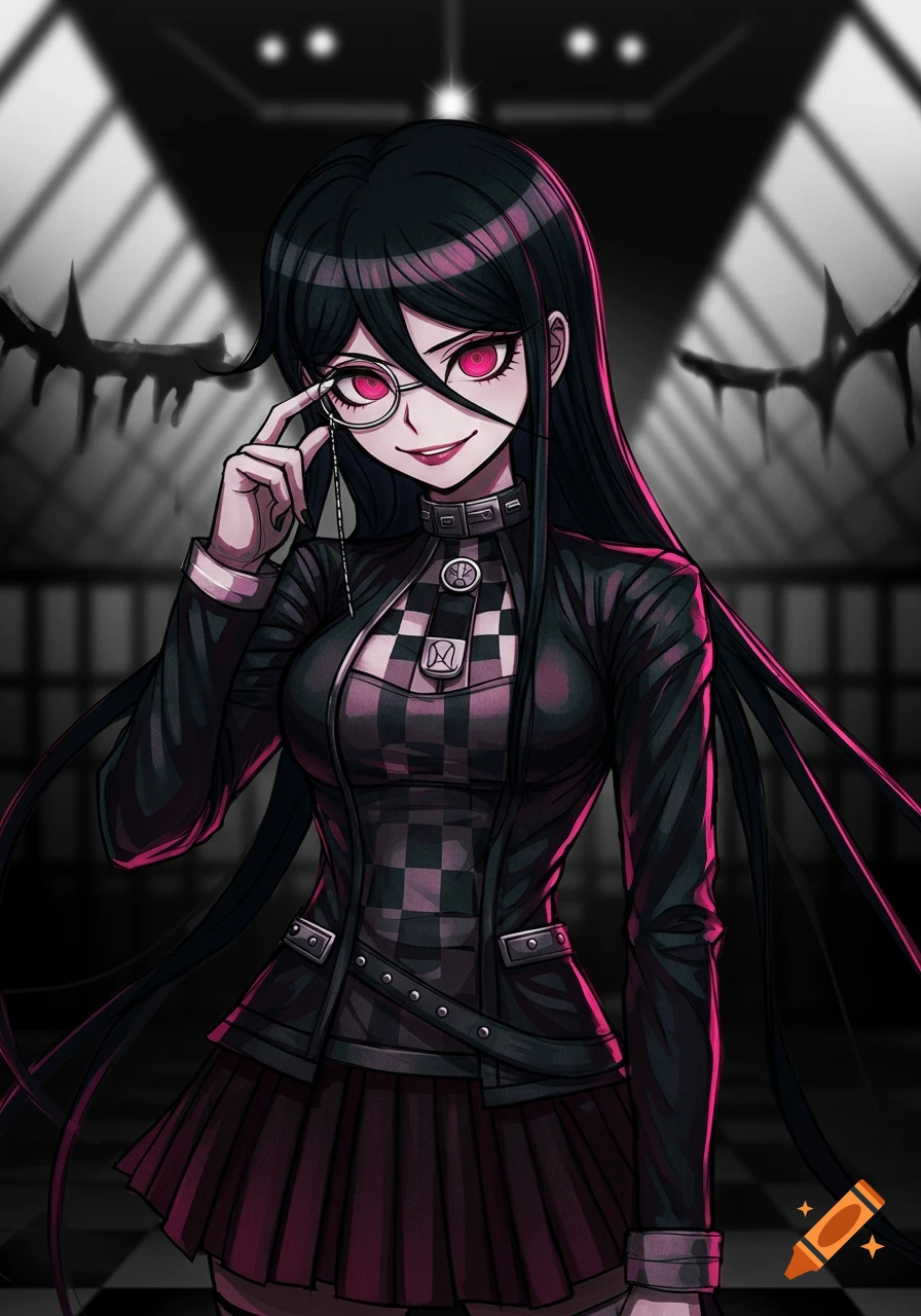 Anime girl with long dark hair, red eyes, and a monocle, wearing a black and checkered outfit against a dark background.