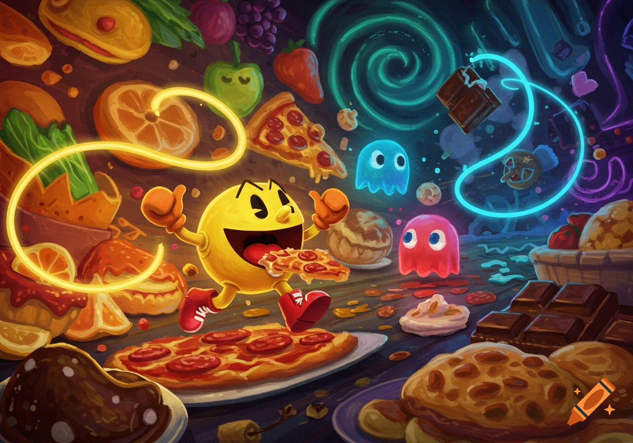 Vibrant cartoon illustration of Pac-Man eating pizza amidst a swirling array of fruits, sweets, and other food, with two ghosts floating nearby.