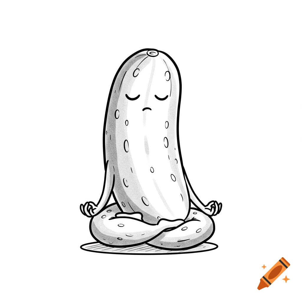 A black and white line drawing of a cartoon pickle sitting cross-legged with eyes closed in a meditation pose.