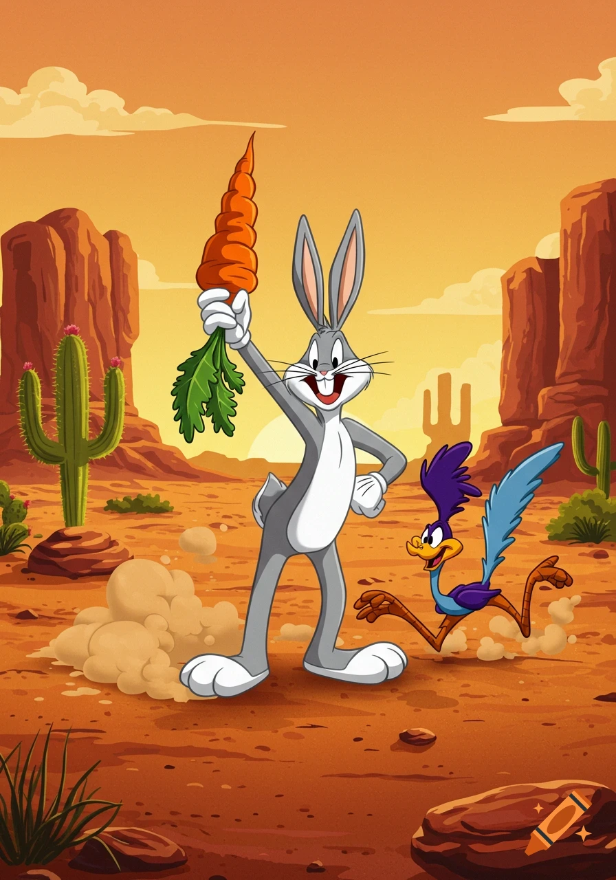 Bugs Bunny holds a large carrot in the desert as Road Runner runs behind him, cartoon style.