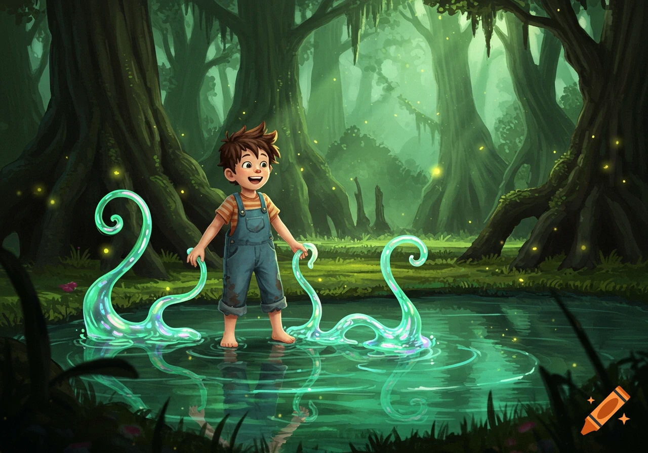 A happy boy in overalls stands barefoot in a swamp with glowing green slime creatures in the water around him.