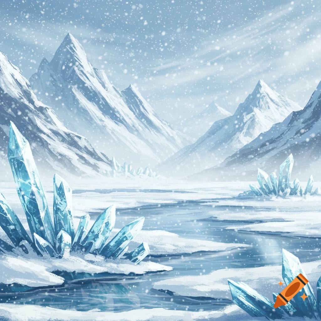 A snow-covered mountain landscape with large, glowing blue ice crystals by a partially frozen stream, under a snowy sky.