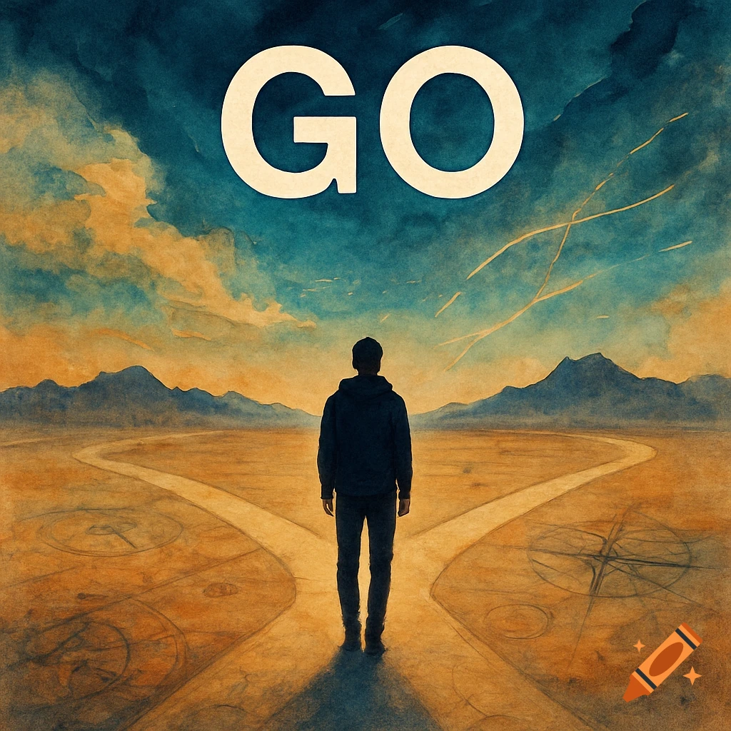 A lone figure stands at a desert crossroads beneath a dramatic sky, with the large word "GO" floating above, rendered in a watercolor style.