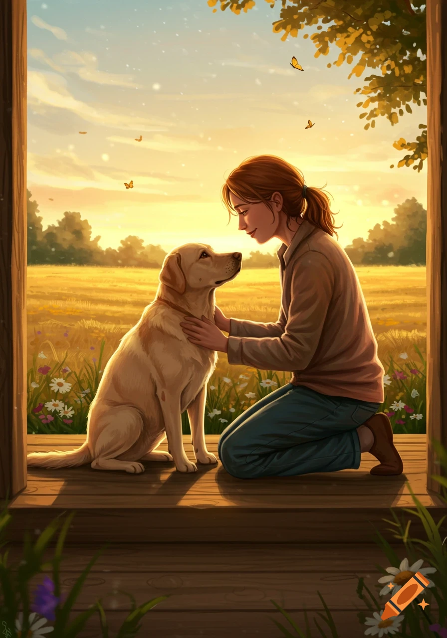 A woman kneels and pets a golden retriever dog on a wooden porch, overlooking a golden field at sunset. Illustrated.