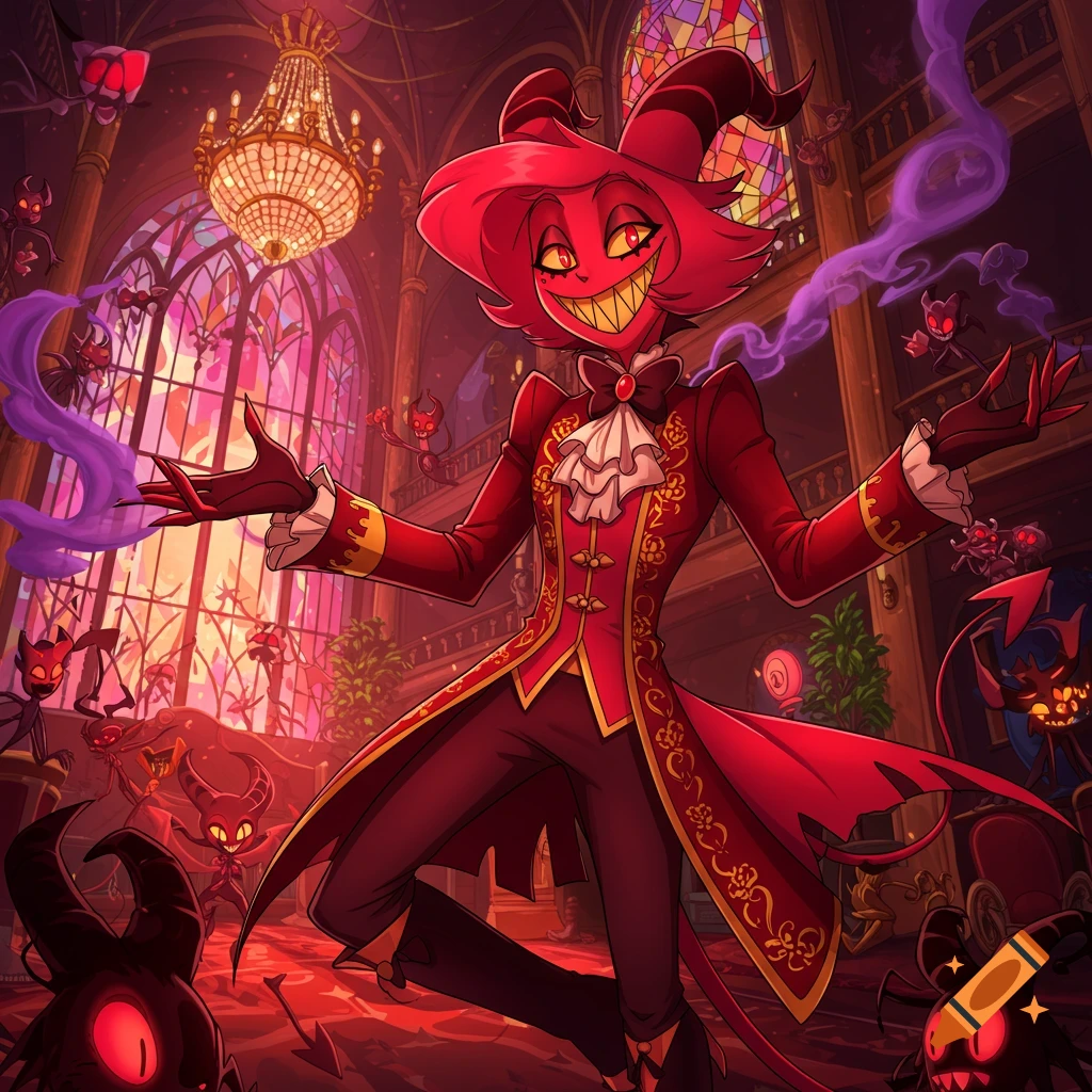 A red-skinned, horned demon character in a fancy red suit with a wide grin stands in a grand hall with stained glass, surrounded by small imps.