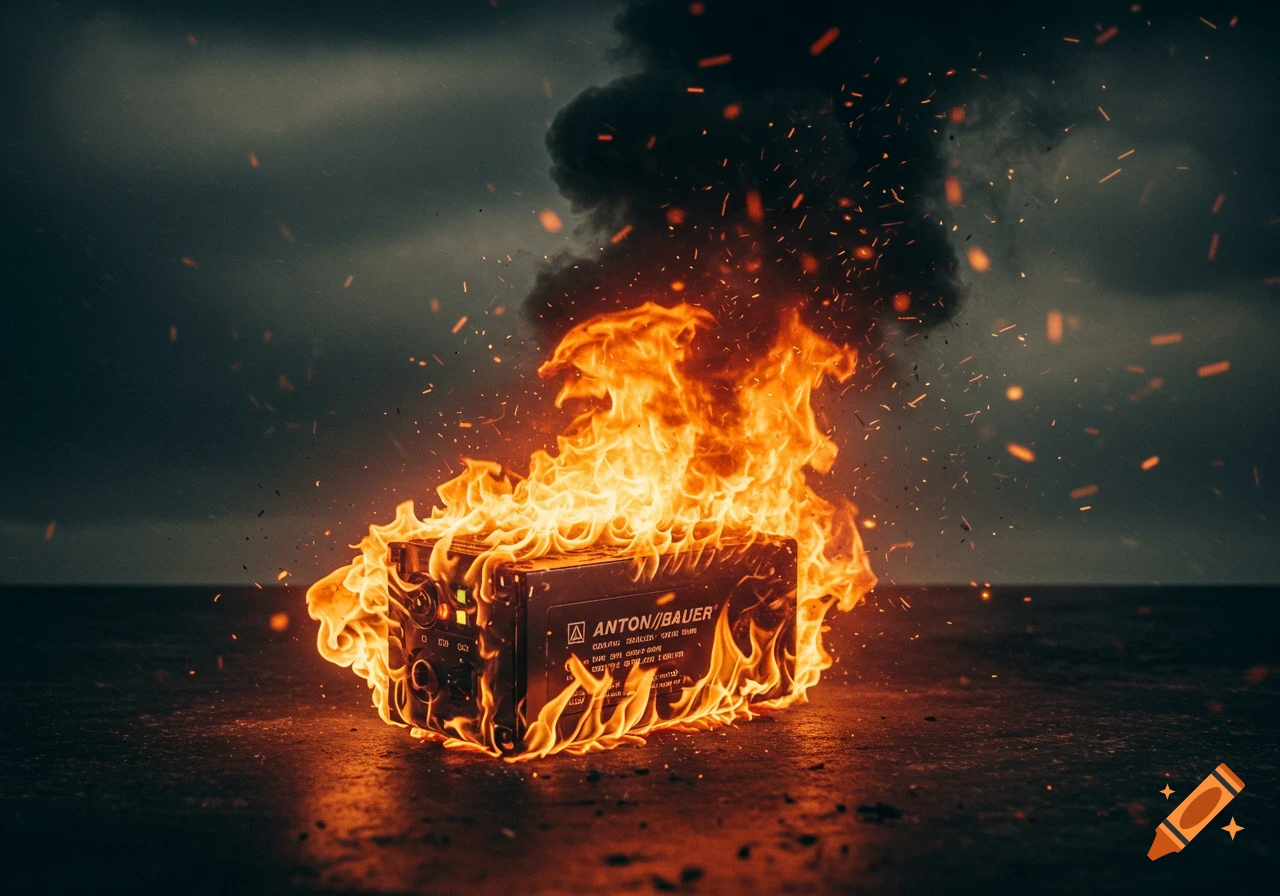 Photorealistic image of a black battery pack engulfed in bright orange flames with sparks flying, set against a dark, stormy sky.