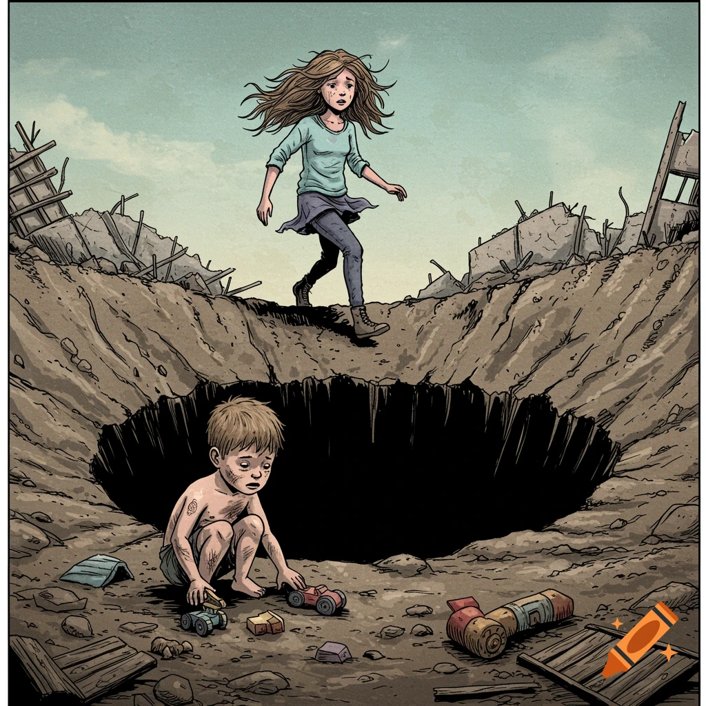 A boy plays in a bombed-out crater as a girl climbs out, looking back sadly, in a political cartoon style.