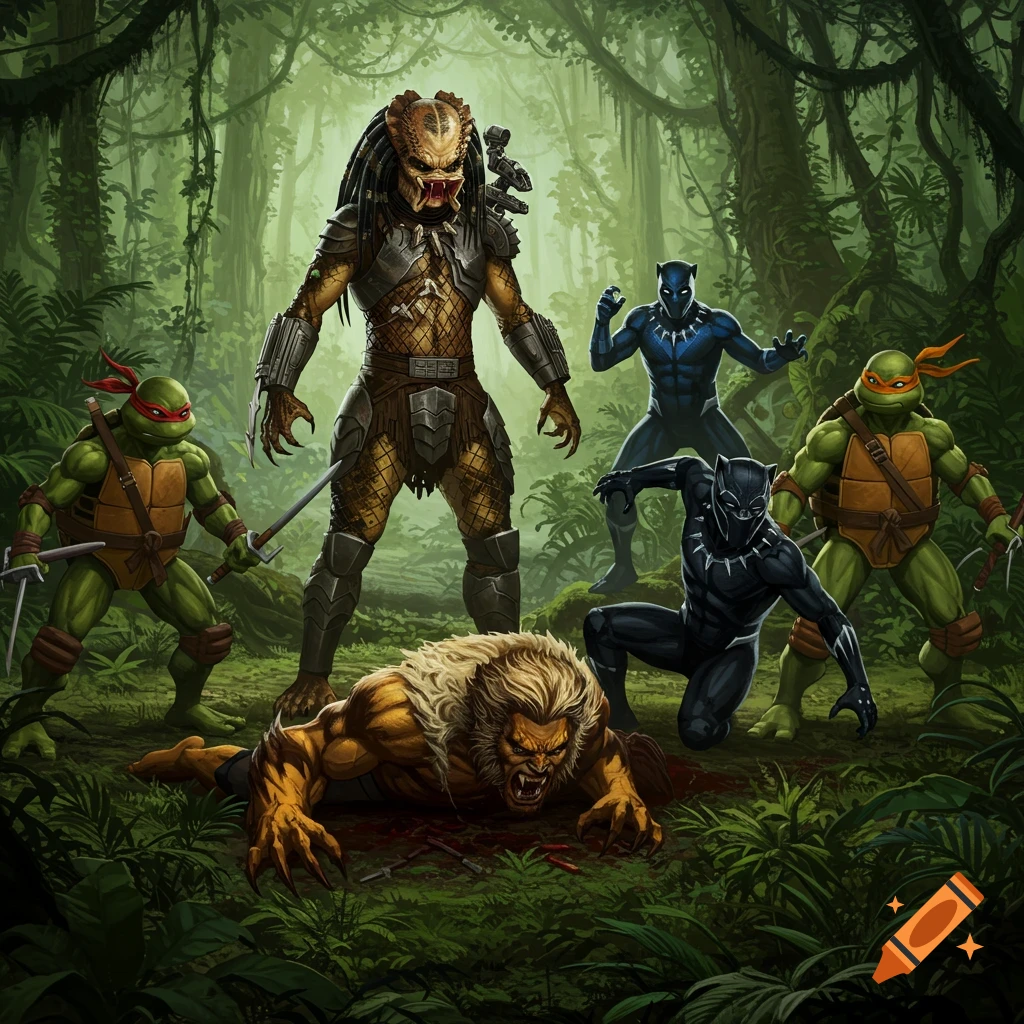 A comic illustration of Predator, two Black Panthers, and two Teenage Mutant Ninja Turtles standing over a defeated Sabretooth in a dense jungle.