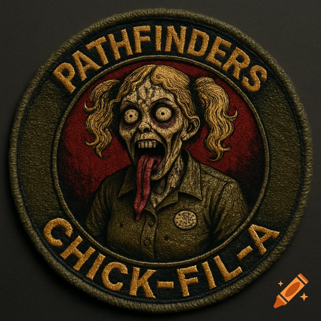 A vintage-style circular embroidered military patch with a creepy zombie fast food worker in the center. The patch has "PATHFINDERS" at the top and "CHICK-FIL-A" at the bottom, all in gold embroidery.