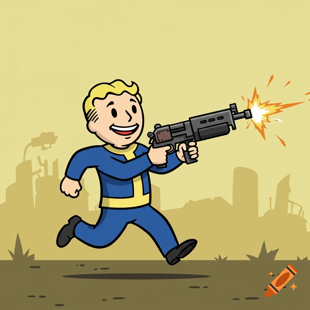 Vault Boy running and shooting a gun, depicted in a cartoon style against a wasteland background.