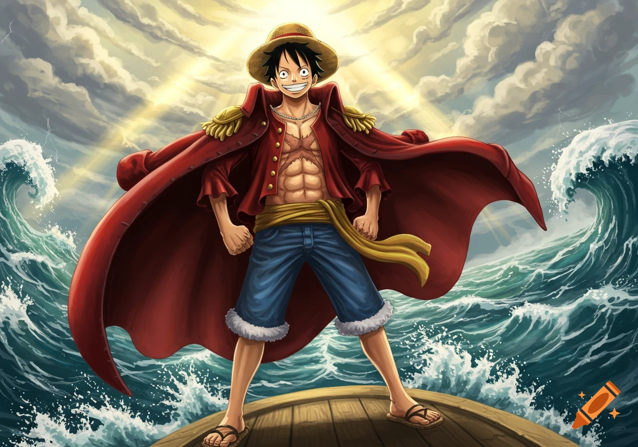 Monkey D. Luffy from One Piece, smiling and standing on a ship deck with a red cape, against a dramatic ocean and sky.