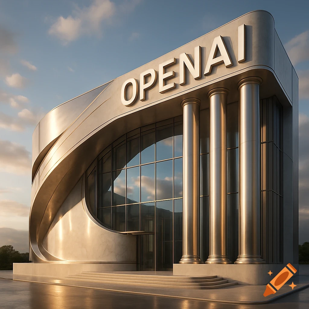 A modern, futuristic building with a silver facade, large glass windows, and classical columns, with 'OPENAI' written on top under a partly cloudy sky.