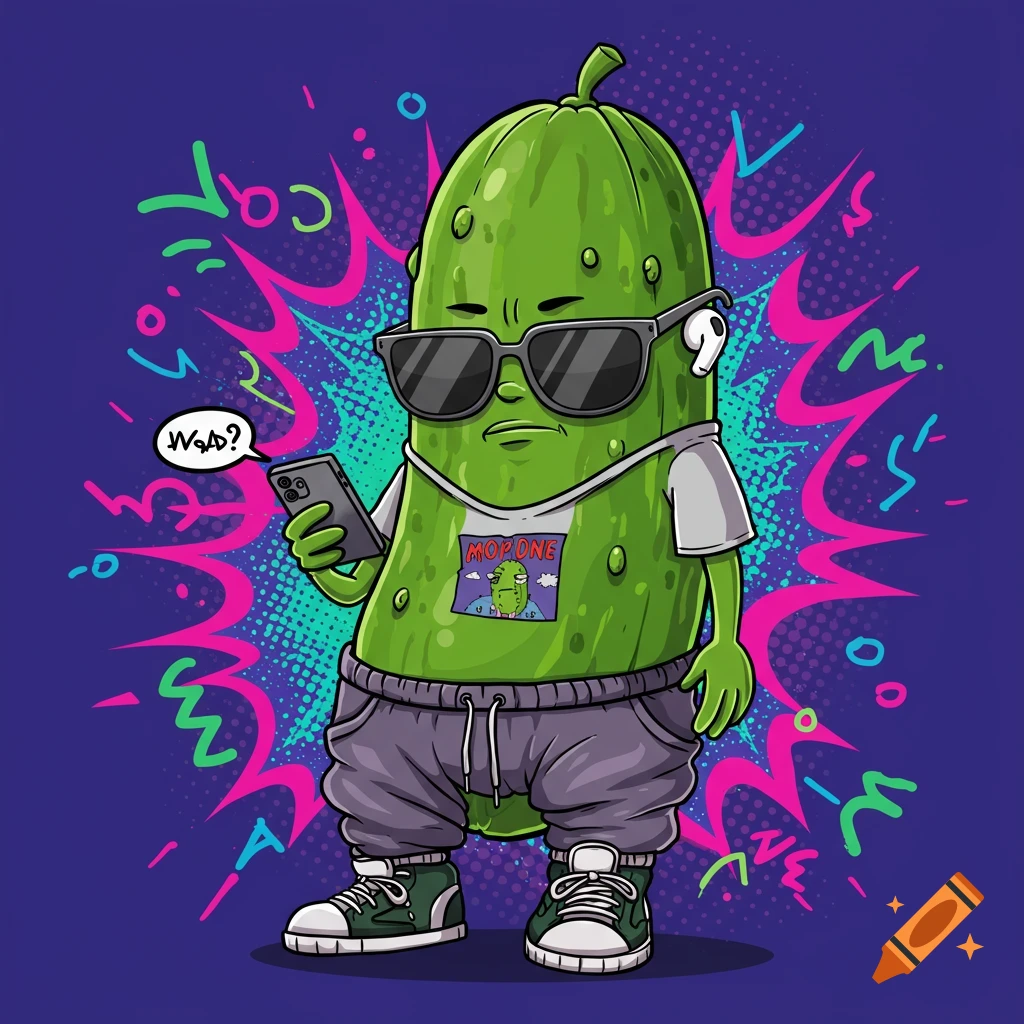 A cartoon pickle character with sunglasses and AirPods, holding a smartphone. It wears streetwear, has a moody expression, and a speech bubble saying "WSAD?". Neon shapes and text are in the background.