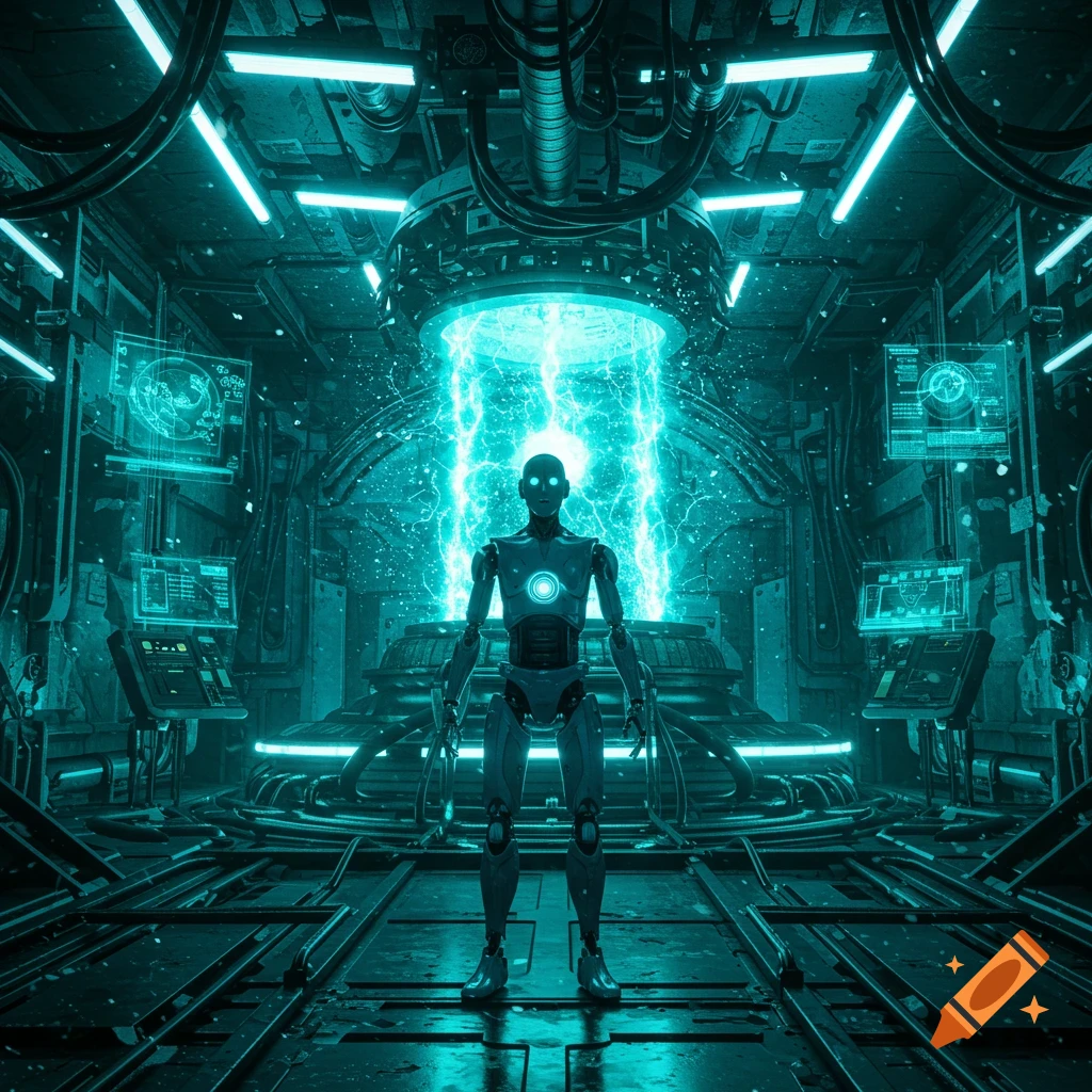 A humanoid robot stands in a dark, futuristic laboratory with glowing blue energy emanating from a central reactor.