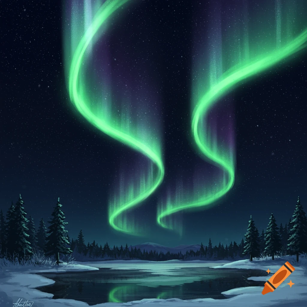 Green aurora borealis lights up a starry night sky over a snow-covered forest and a partially frozen lake.