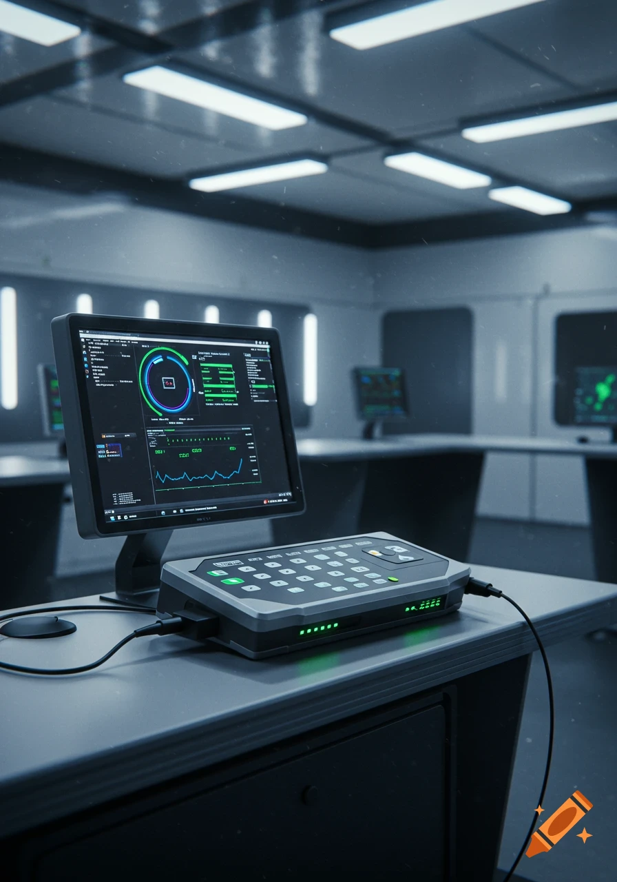 Photorealistic futuristic control room with a computer monitor showing data and a scanning device on a desk.
