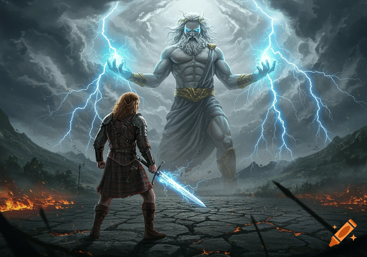 A warrior in a kilt with a glowing sword faces a giant, muscular god wielding lightning under a stormy sky.