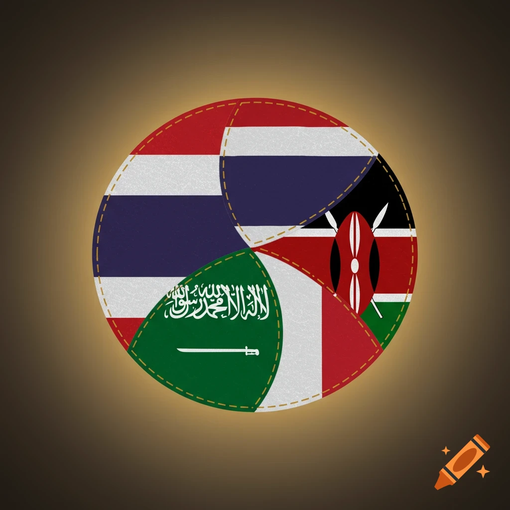 A round patchwork emblem featuring segments of the flags of Thailand, Saudi Arabia, Kenya, and France.