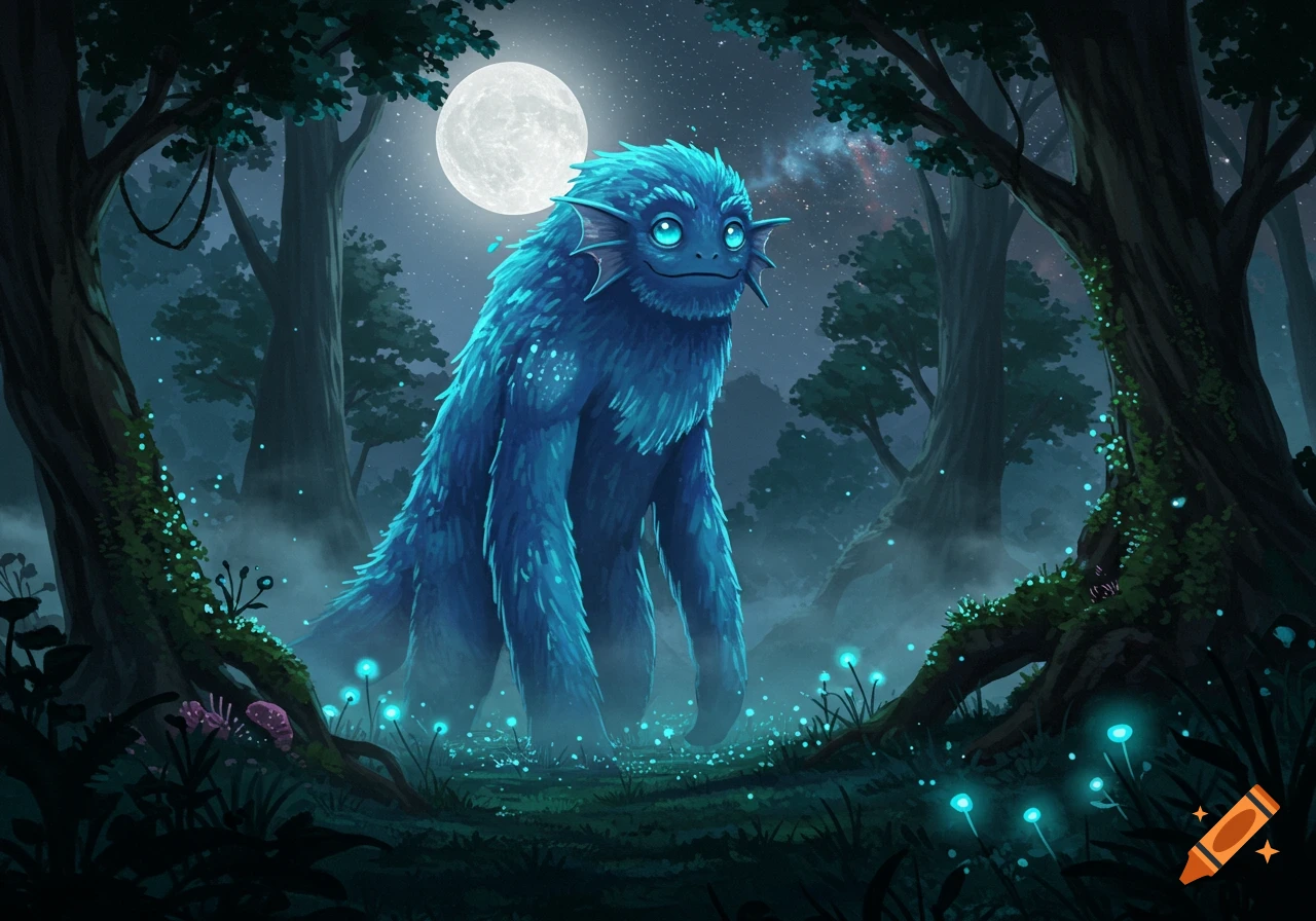 A cute, furry blue monster stands in a mystical, moonlit forest surrounded by glowing blue plants.