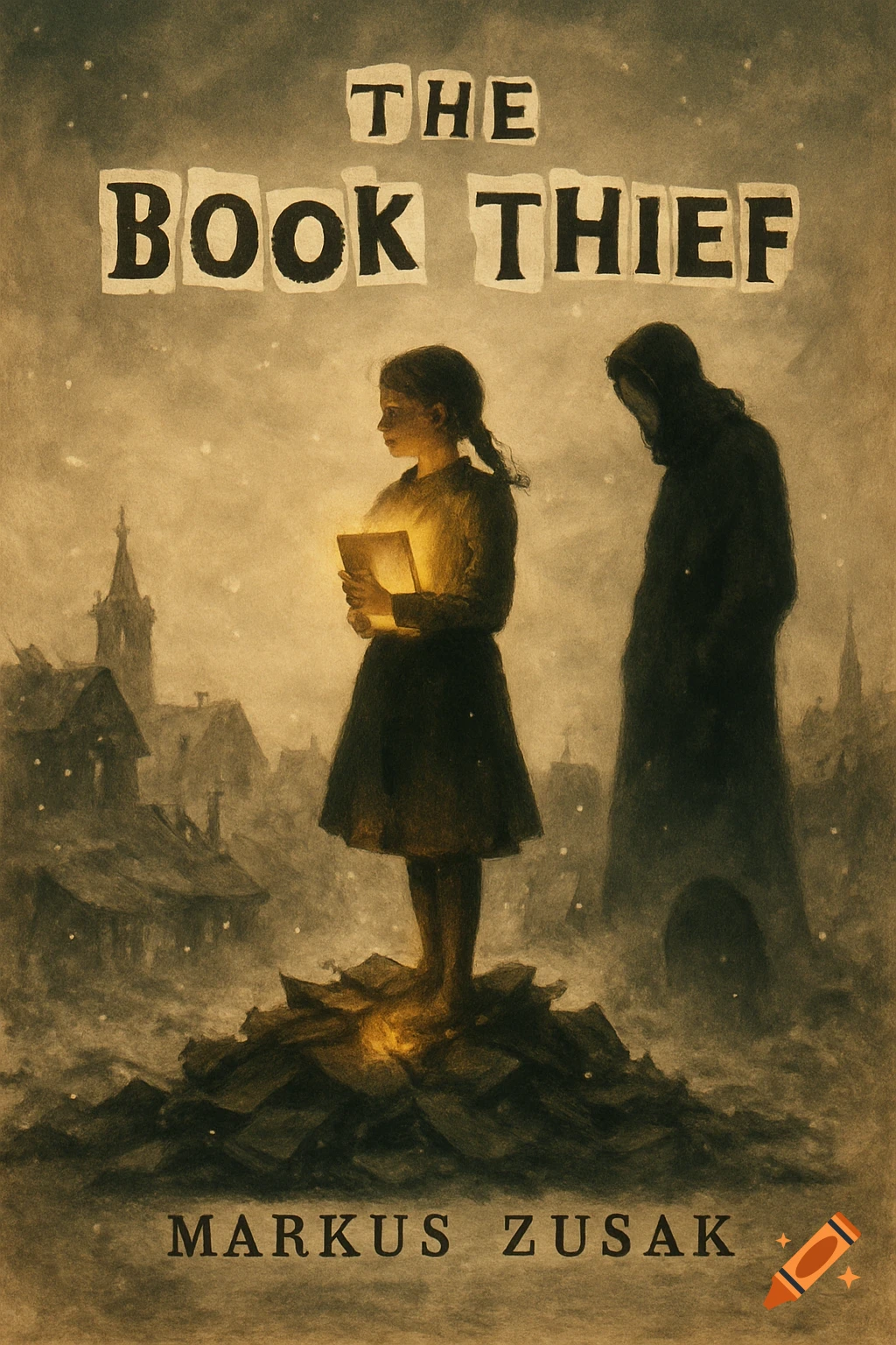 A somber, sepia-toned book cover featuring a young girl holding a glowing book, standing on a pile of books, with a shadowy figure in a war-torn cityscape. Title 'The Book Thief'.