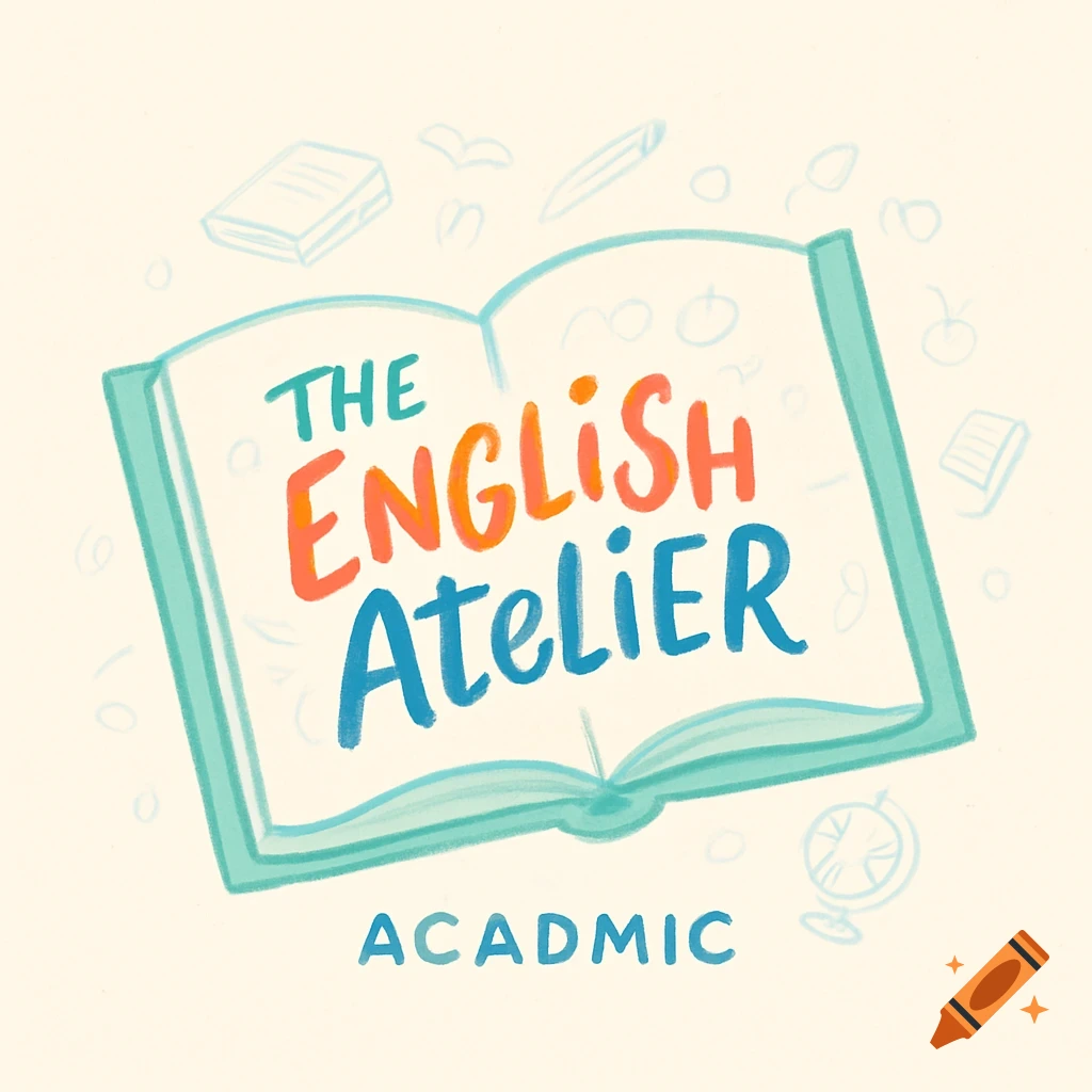 An illustration of an open book with "THE ENGLISH Atelier" written on its pages in colorful, playful script. The word "ACADMIC" is below the book, and faint outlines of books, a pencil, and a globe surround it.