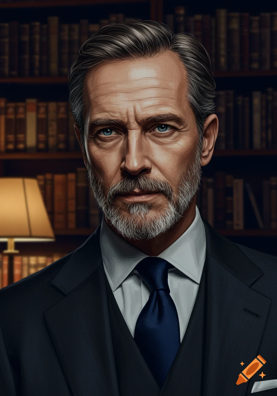 A distinguished man with gray hair and beard and piercing blue eyes, wearing a dark suit and blue tie, in front of a bookshelf.