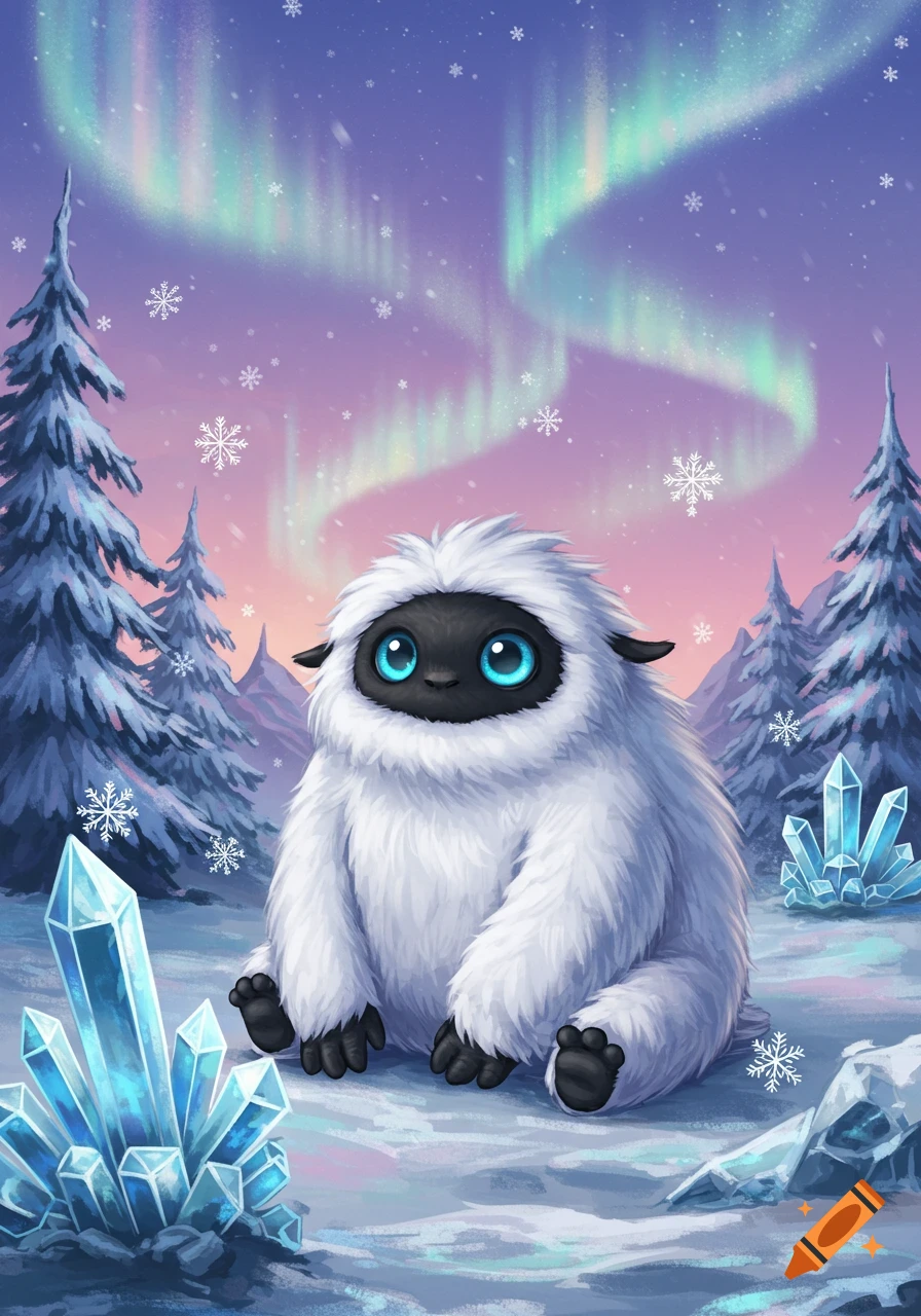 A cute white furry creature with big blue eyes sits in a snowy landscape with evergreen trees, under an aurora borealis and falling snowflakes.
