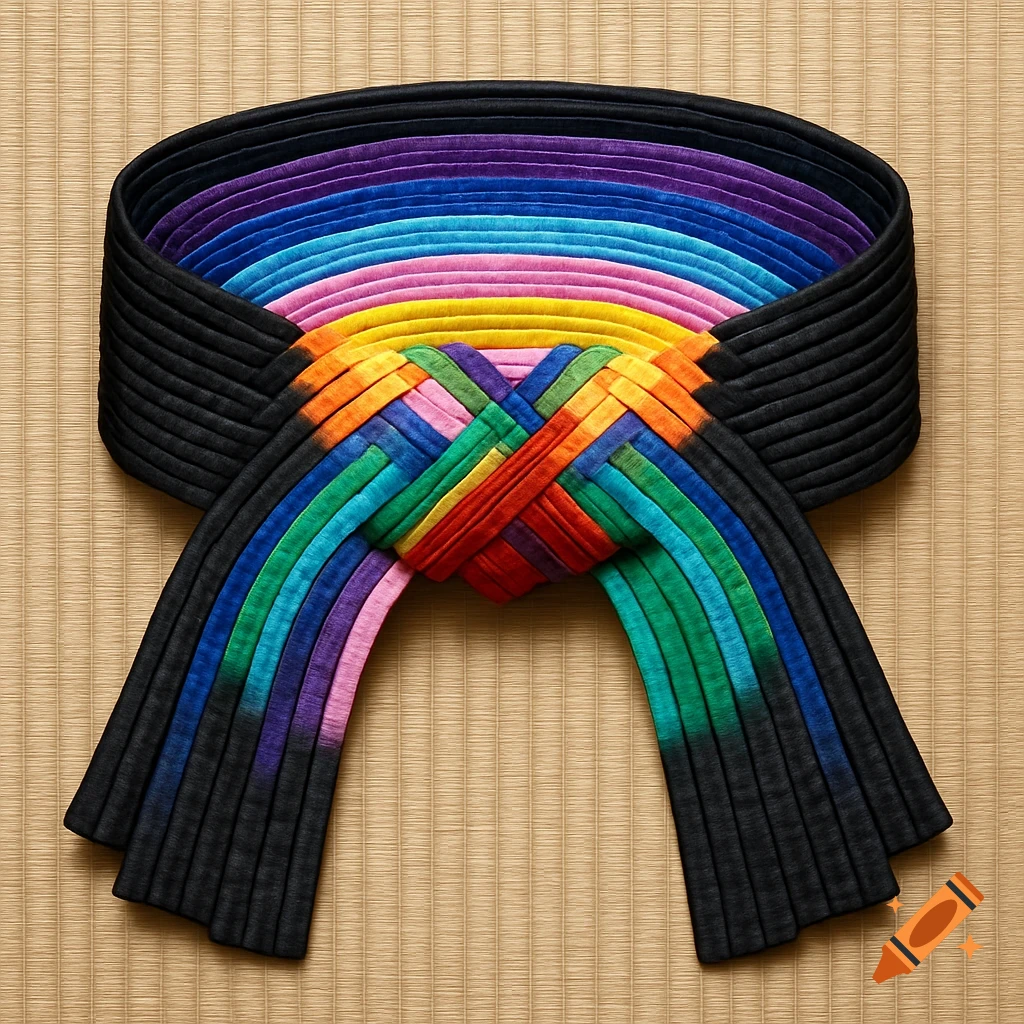 A colorful, woven martial arts belt in rainbow colors, laid flat on a textured beige mat.