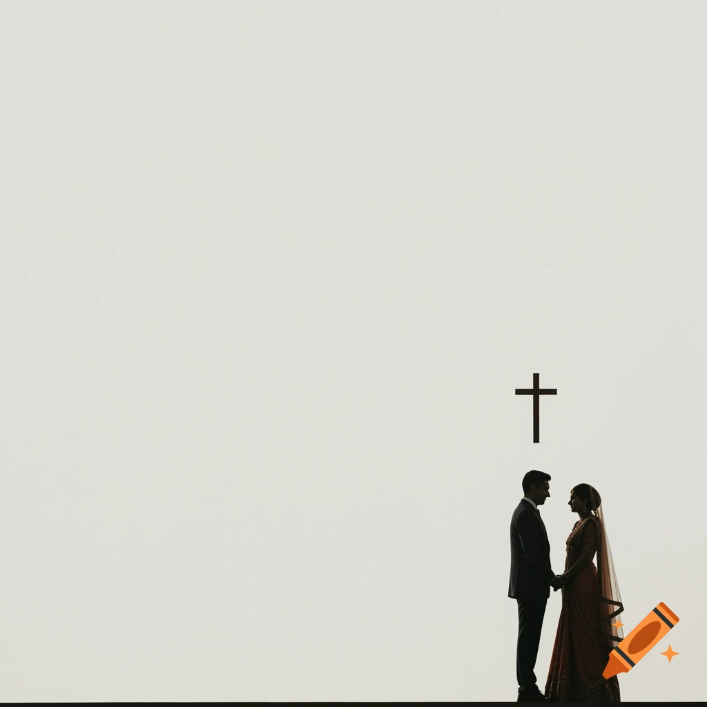Silhouettes of a bride and groom standing below a Christian cross on an off-white background.