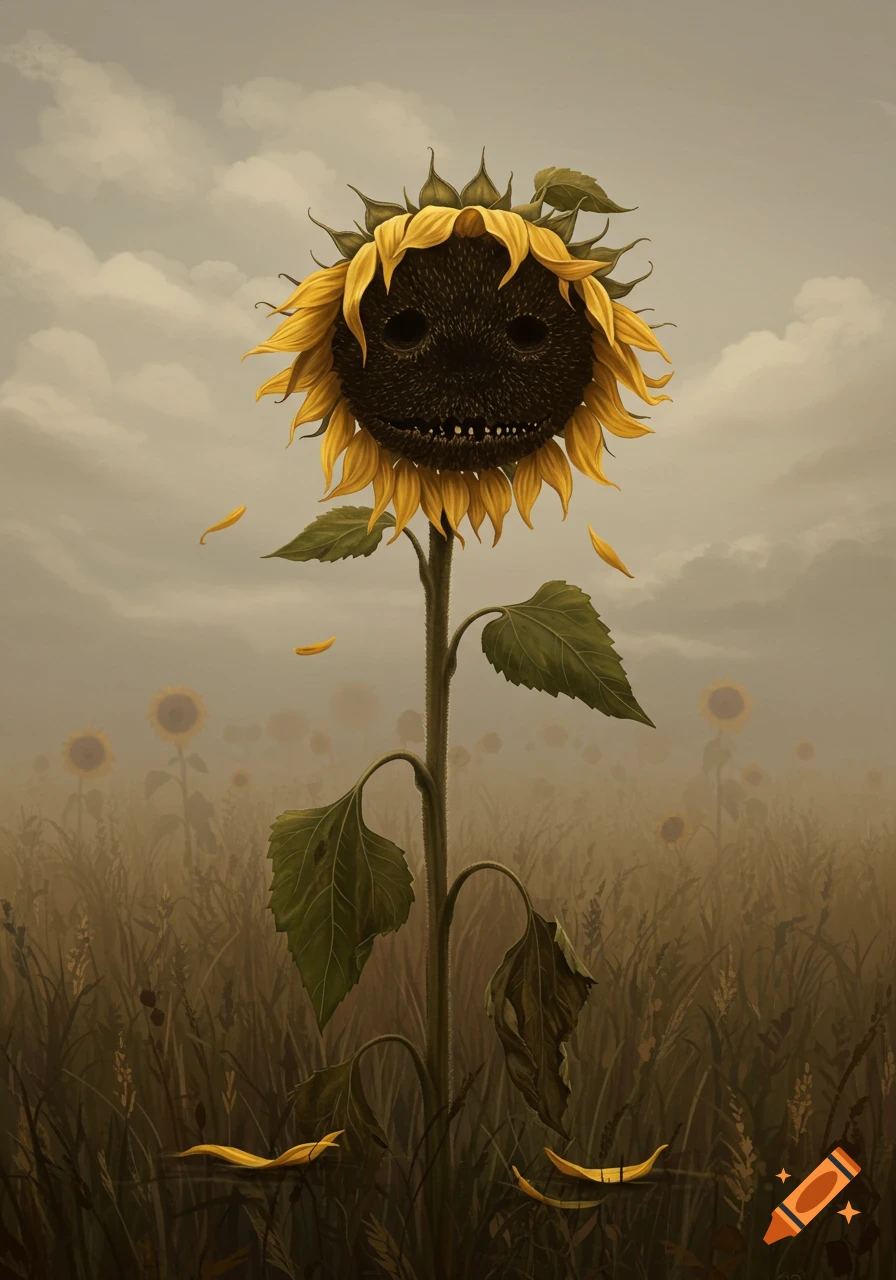 A wilting sunflower with a creepy, toothless, crumpled face stands in a muted, cloudy field.