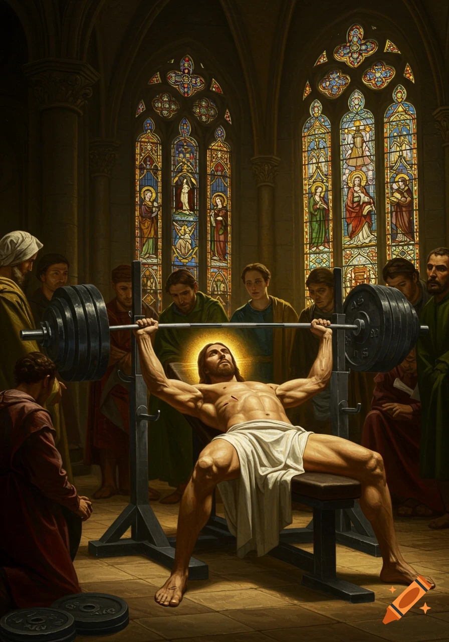 Muscular Jesus Christ, glowing with divine light, bench presses a heavy barbell in a dimly lit Renaissance cathedral, surrounded by amazed onlookers. The image is rendered in a dramatic oil painting style with rich shadows and stained glass windows.