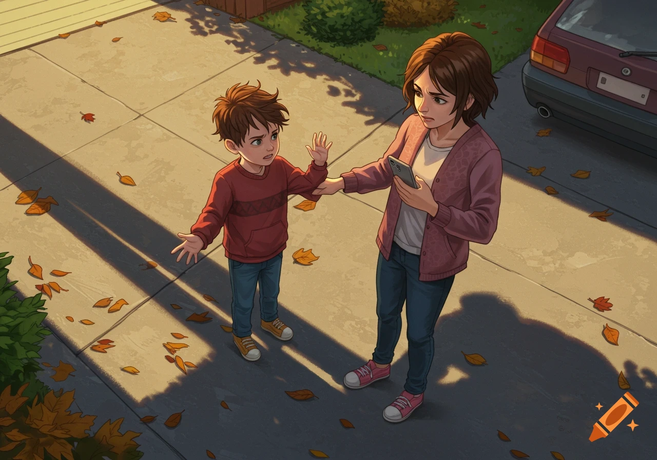 An overhead illustration of a boy trying to get his mother's attention as she looks at her smartphone on a sunlit driveway with fallen autumn leaves.
