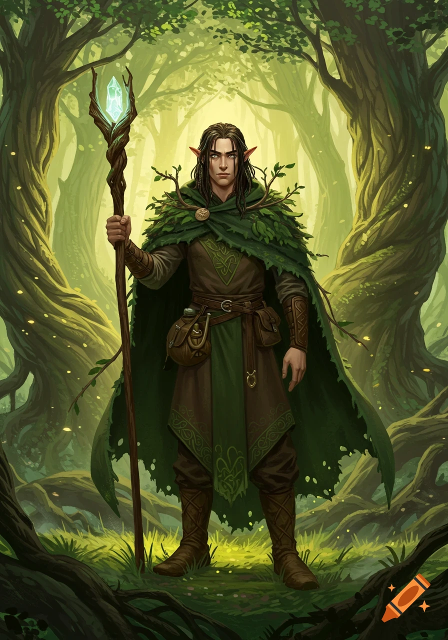 A tall young druid with a leafy cloak holding a crystal-topped staff stands in a vibrant green forest, fantasy art style.