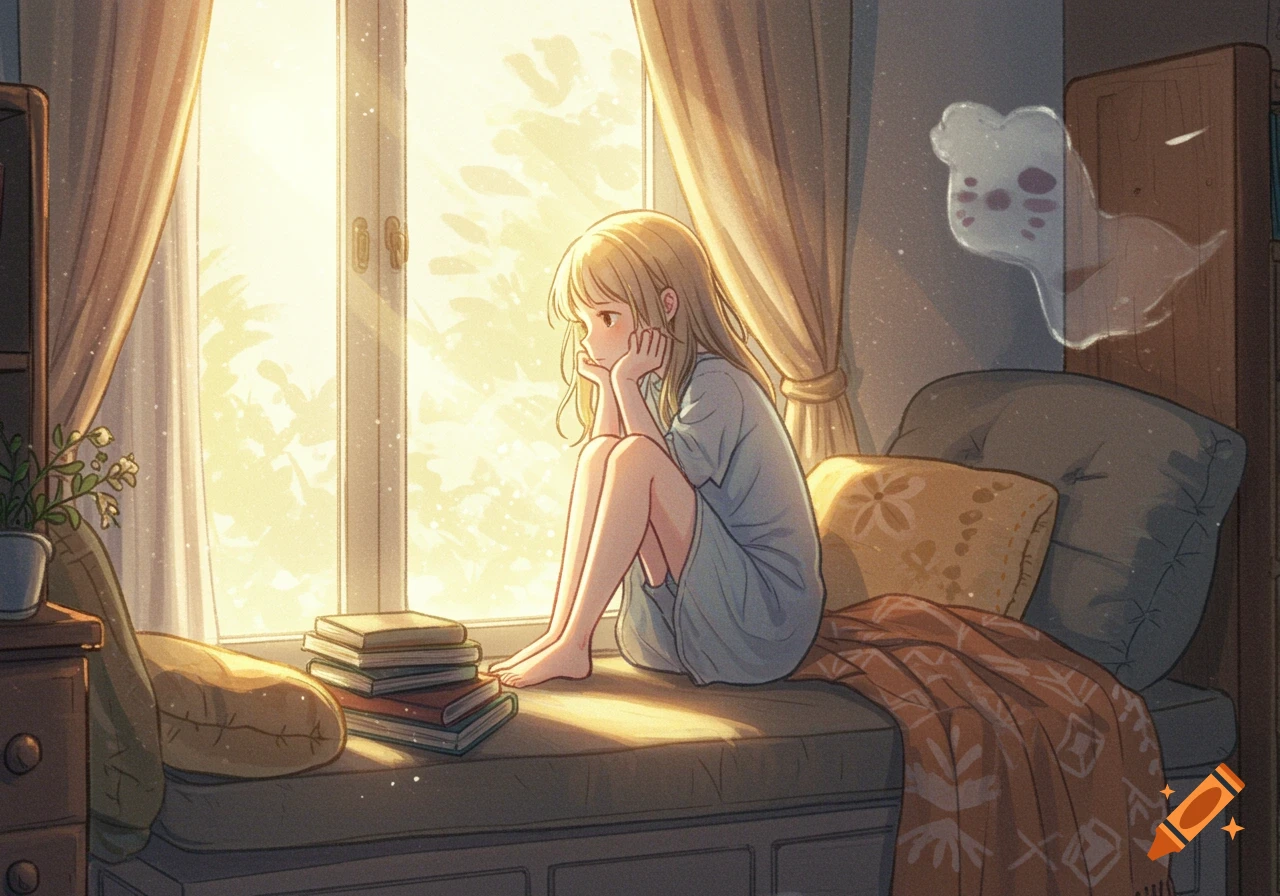A sad anime girl sits by a sunlit window in a cozy room, chin in hand, with books and a blanket beside her.