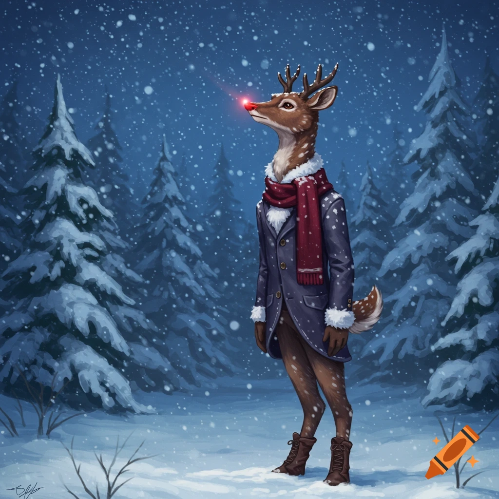 An anthropomorphic reindeer with a glowing red nose, wearing a coat and scarf, stands in a snowy forest, illustration.