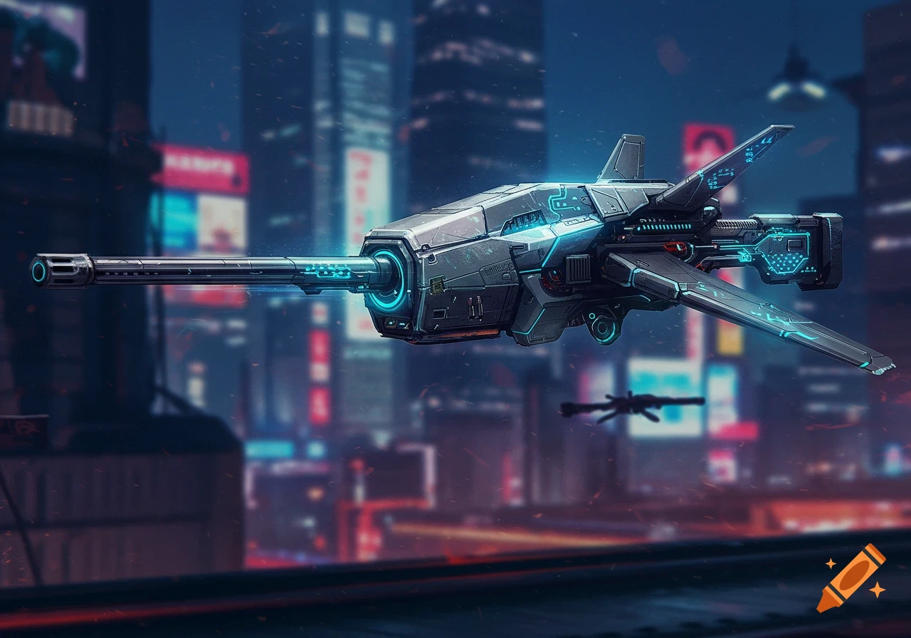 A futuristic sniper drone with glowing blue accents hovers against a blurred cyberpunk city skyline at night.