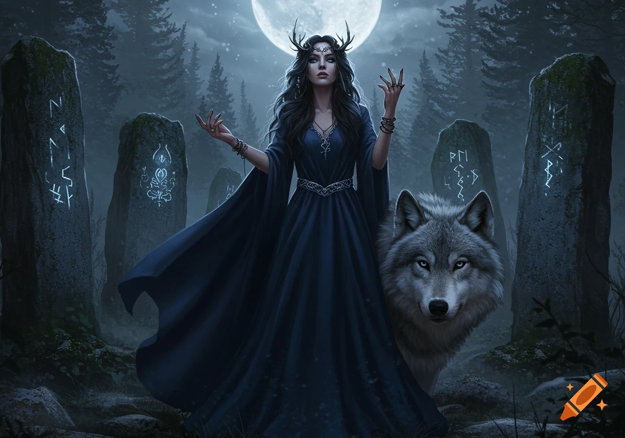 A powerful woman in a dark, flowing gown with a wolf companion stands in a moonlit forest with ancient runic stones.