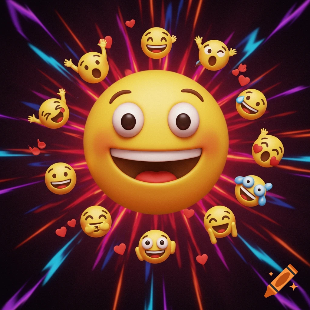 A large, happy emoji surrounded by smaller expressive emojis on a background of bright, colorful light rays.