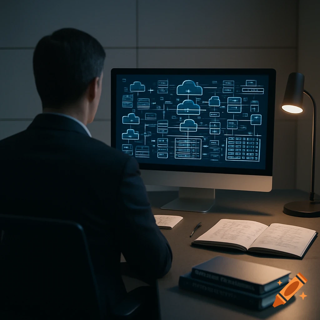 A man in a suit sits at a desk, looking at a computer monitor displaying abstract network diagrams and cloud infrastructure blueprints. Books and a lamp are on the desk.