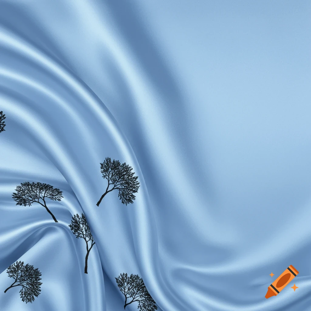 A sky blue silk fabric with dark tree silhouettes scattered on it, showing elegant folds and ripples.