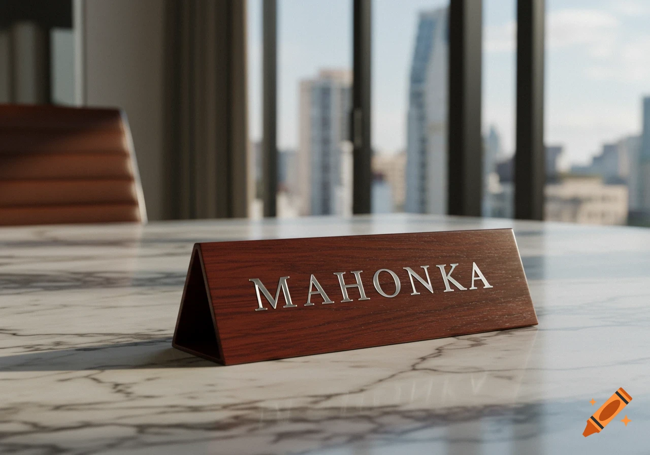 A close-up, photorealistic image of a wooden nameplate with 'MAHONKA' in silver letters, sitting on a marble conference table with a blurred city skyline in the background.