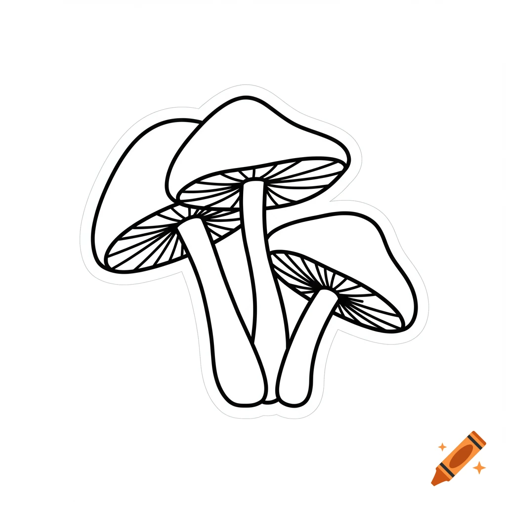 Simple black and white line art illustration of three mushrooms.