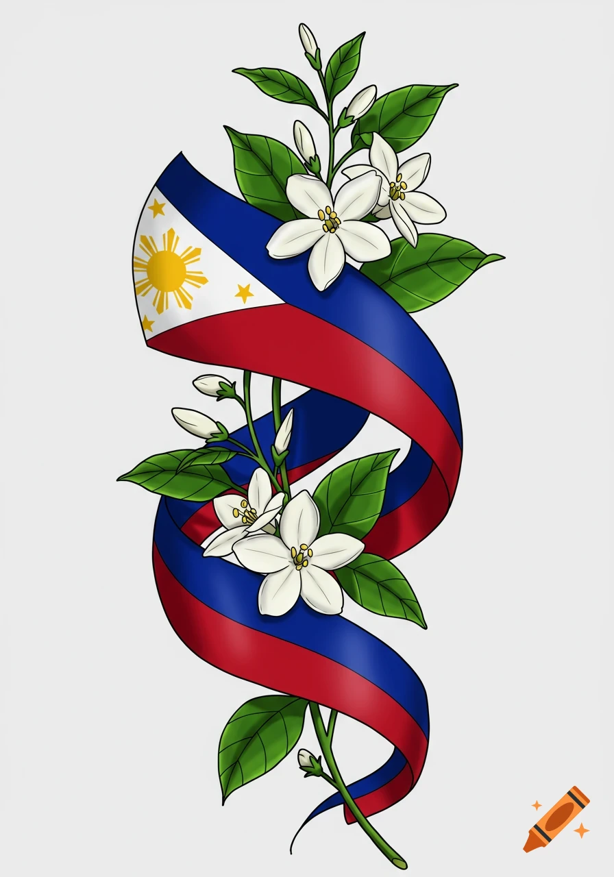 Illustration of the Philippine flag as a winding ribbon intertwined with white sampaguita flowers and green leaves on a white background.