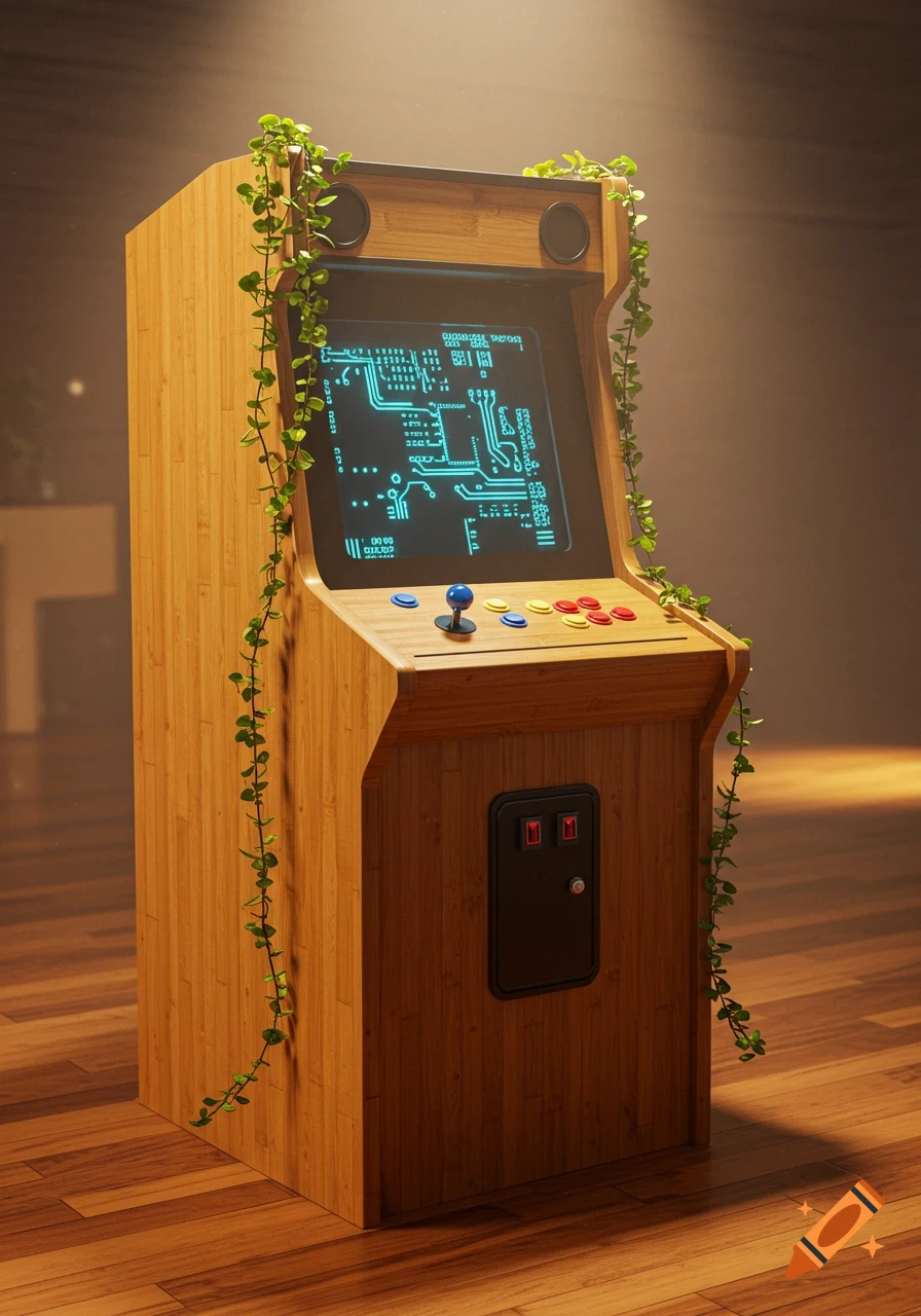 A photorealistic bamboo arcade cabinet with green vines draped over it sits on a wooden floor in a dimly lit room. The screen displays a glowing blue circuit board pattern.
