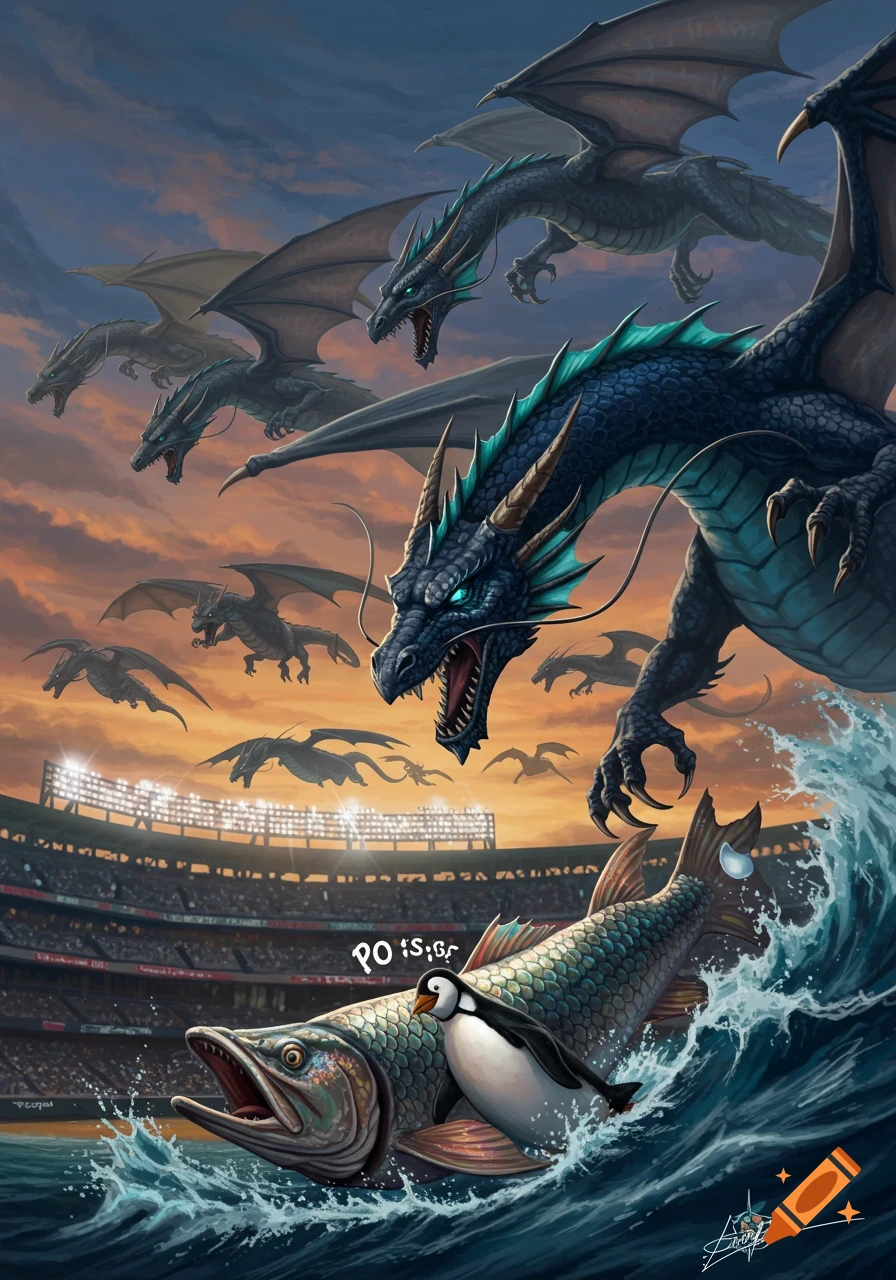 Multiple dragons fly over a baseball stadium while a large fish with a penguin on its back leaps from the water.