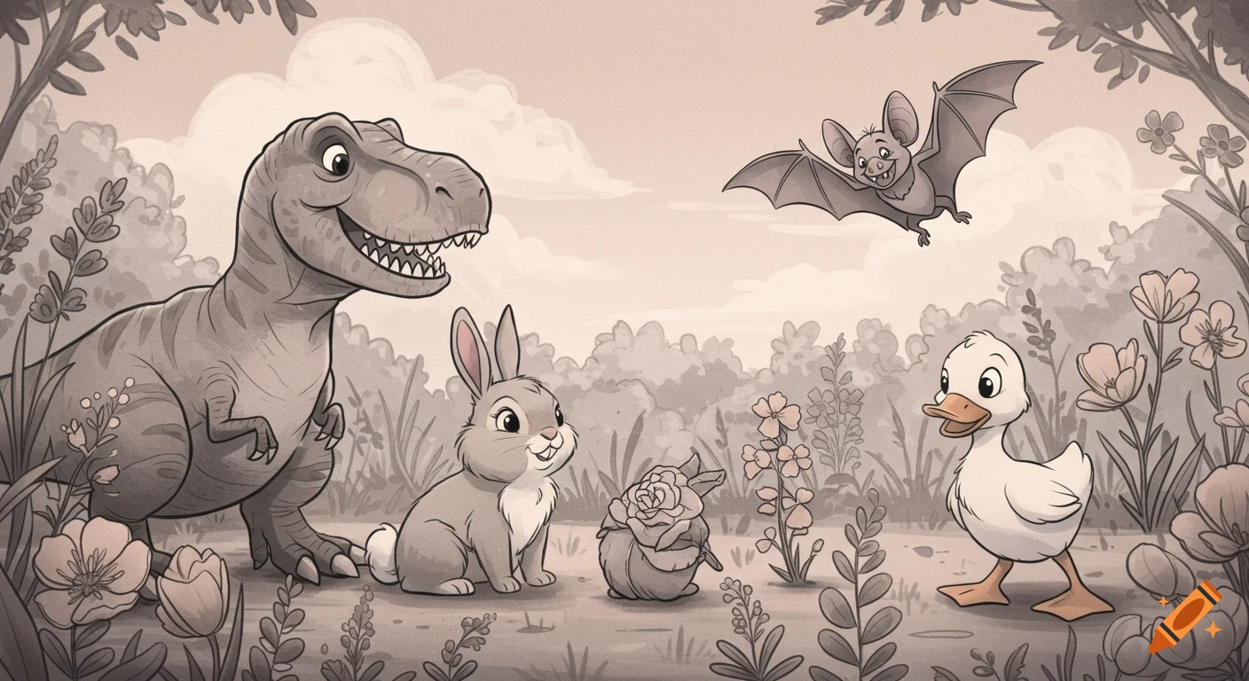 A friendly cartoon T-Rex, bunny, bat, and duckling stand in a whimsical, sepia-toned landscape with flowers.