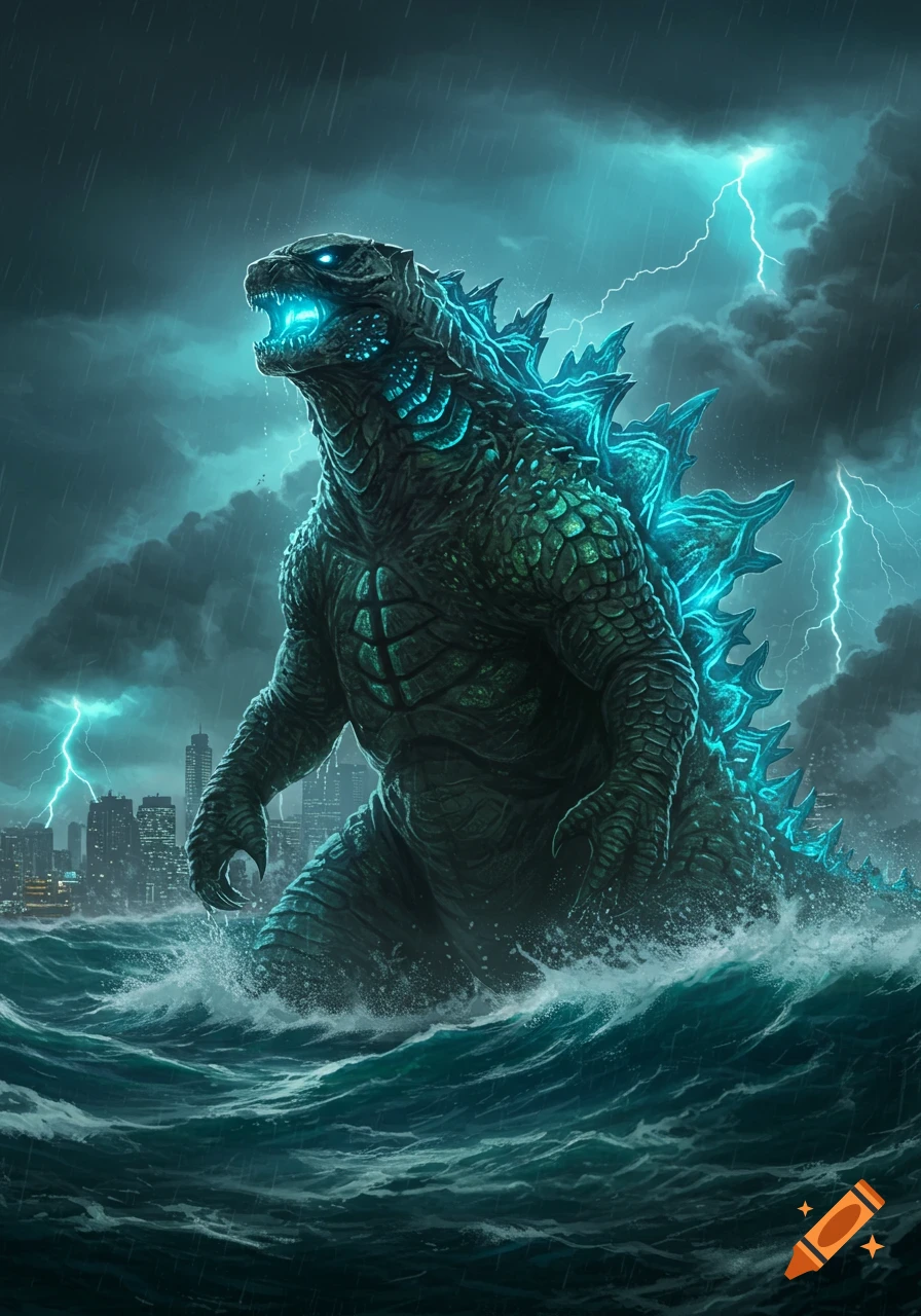 Giant Godzilla-like monster with glowing blue features emerges from stormy seas with city skyline under lightning-filled sky, digital art.