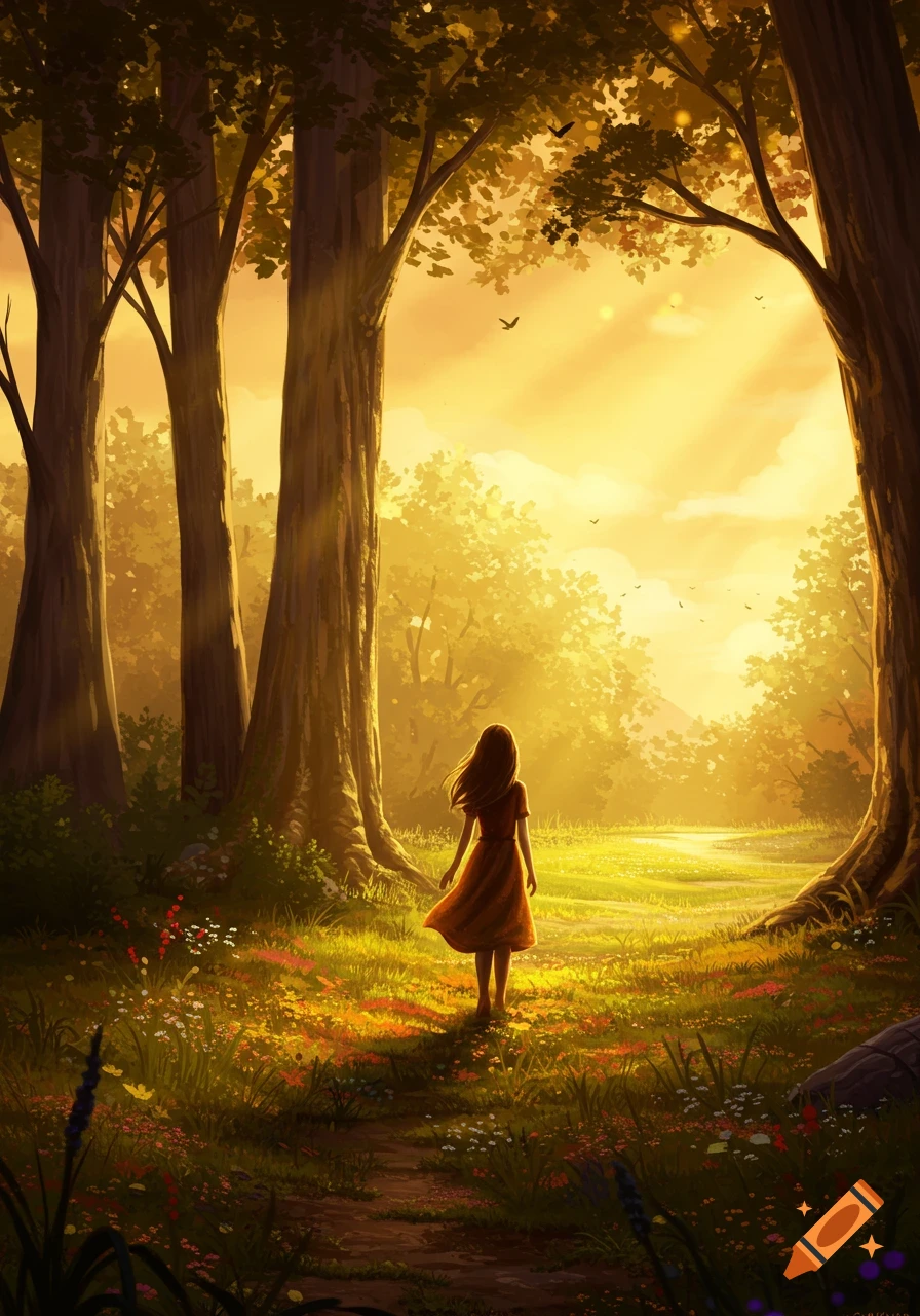 A young girl in a dress walks through a sunlit, vibrant forest path, surrounded by tall trees and colorful wildflowers. Digital art.