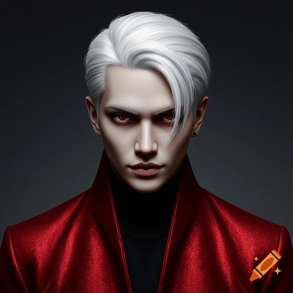 A close-up portrait of a pale-skinned person with white hair, bright red eyes, and a shiny red jacket, against a dark background.
