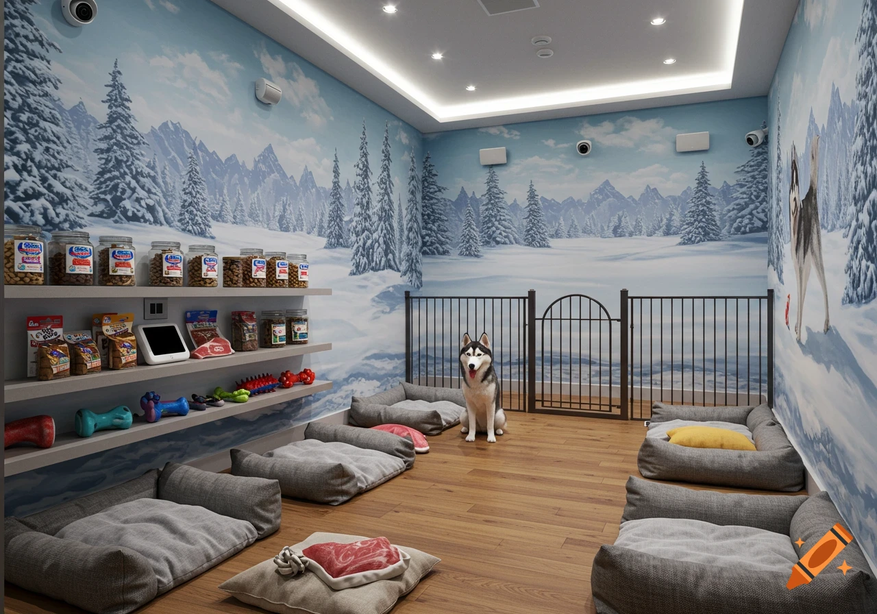 A husky sits in a room with a winter mural, dog beds, shelves of food and toys, and a black fence.